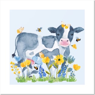 Watercolor Cow in Spring Flowers, Bees, & Beautiful Butterflies Posters and Art